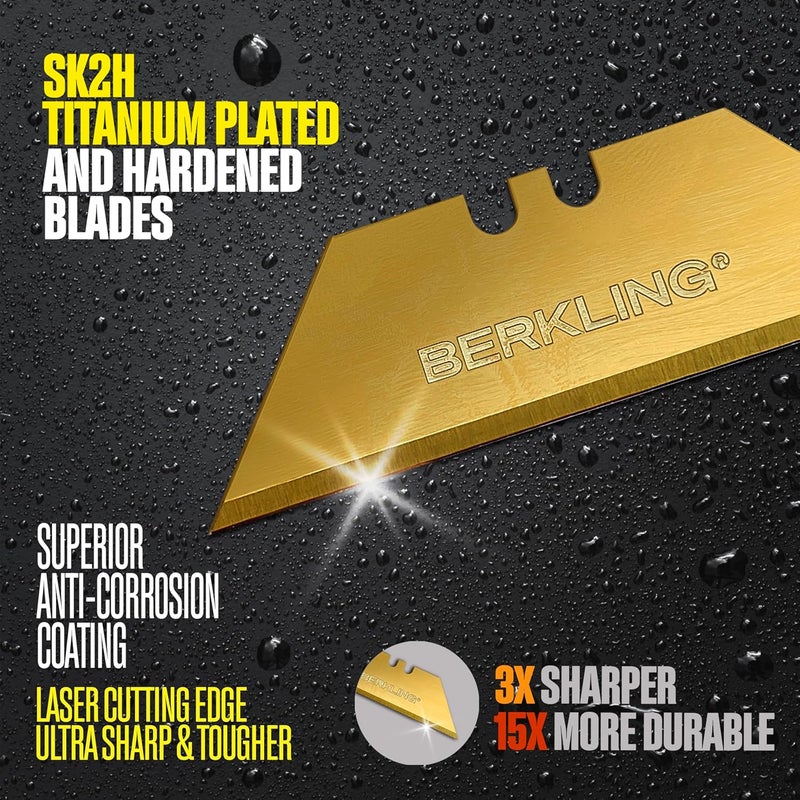 Berkling Utility Knife Blades Titanium Plated 50 PCS With Dispenser, SK2H Laser Sharpened Hardened, Ultra 3X Sharper and 15X More Durable, Standard T-Shape Replacement Box Cutter Razor Blades - Image 3